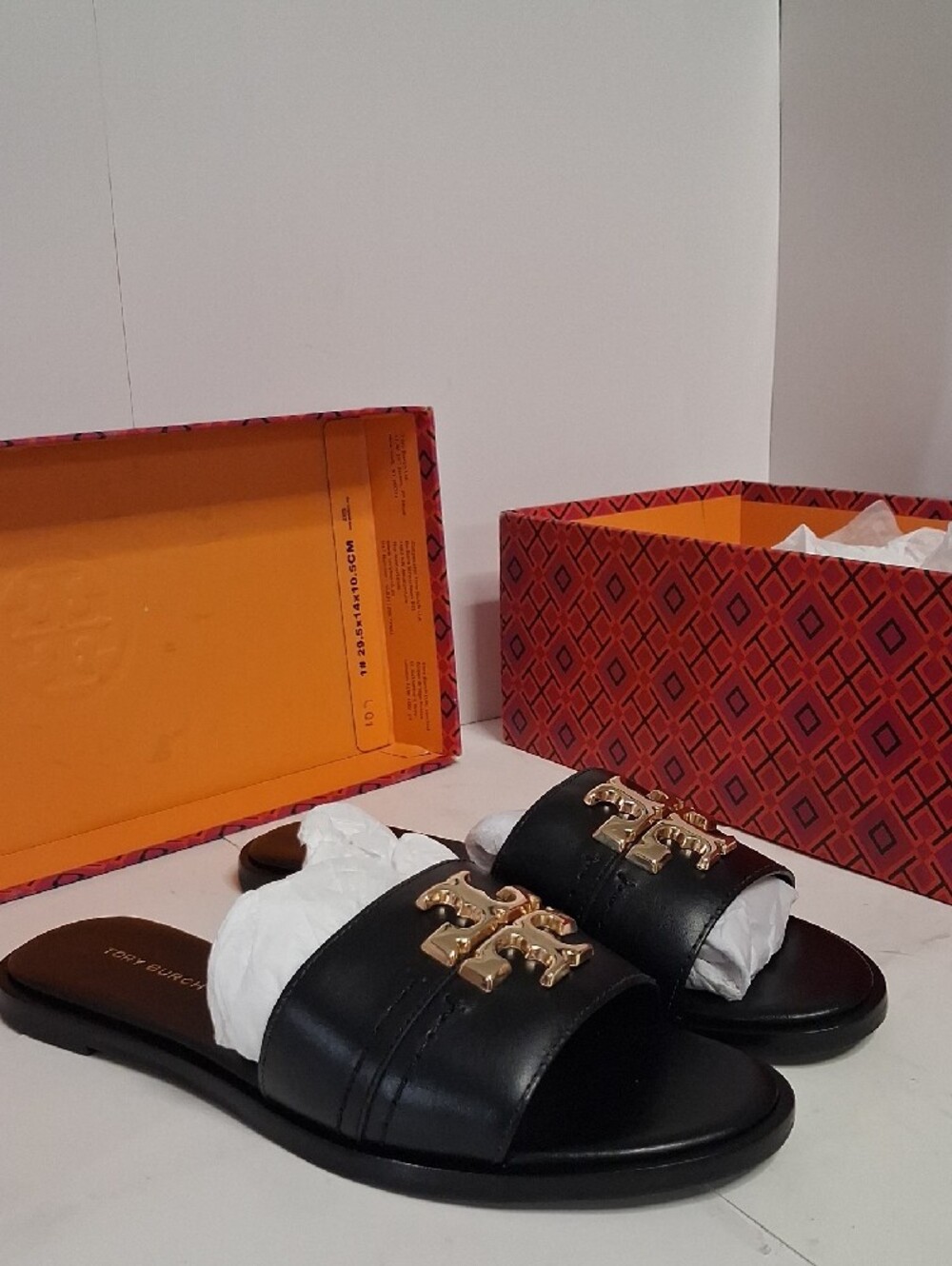 Tory Burch Black Leather Slide Sandals with Gold Logo - Picture 4 of 6